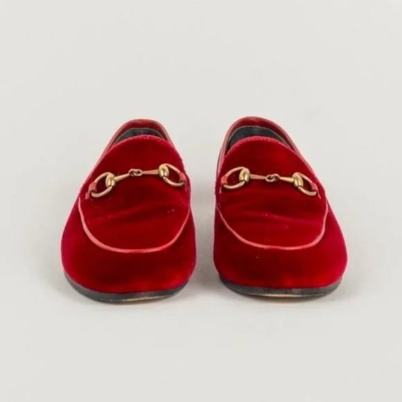 Gucci Jordaan Red Velvet Bit Loafers - Picture 2 of 6